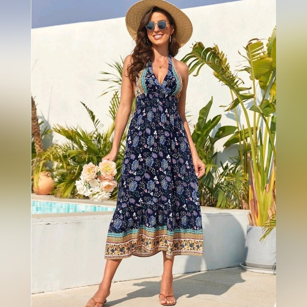 NWT! Kojooin Womens Medium Colorful Blue Boho Halter Open Back Summer Sun Dress
